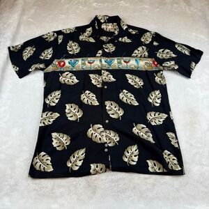 UBC Mens Hawaiian Shirt Medium Rayon‎ Black Leaf Cocktail Tropical Vacation